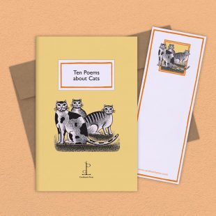 Group image of the Ten Poems about Cats poetry pamphlet on a decorative background