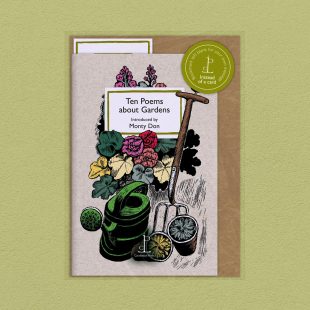 Pack image of the Ten Poems about Gardens poetry pamphlet on a decorative background