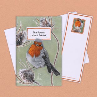 Group image of the Ten Poems about Robins poetry pamphlet on a decorative background