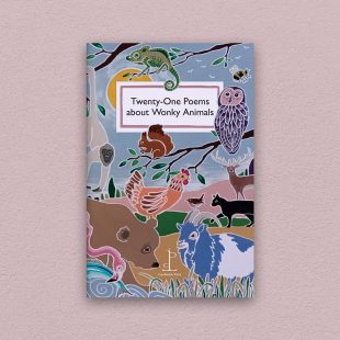 Front cover of the Twenty-One Poems about Wonky Animals poetry pamphlet on a decorative background