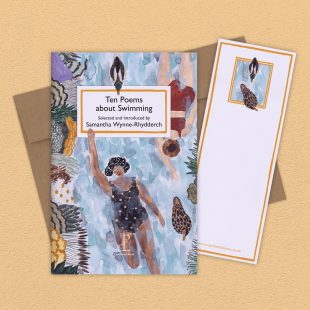 Group image of the Ten Poems about Swimming poetry pamphlet on a decorative background