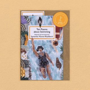 Pack image of the Ten Poems about Swimming poetry pamphlet on a decorative background