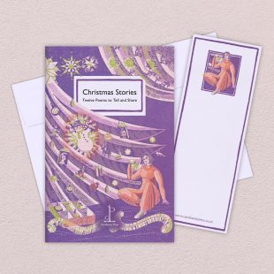 Group image of the Christmas Stories: Twelve Poems to Tell and Share poetry pamphlet on a decorative background