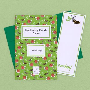 Pack image of the Five Creepy Crawly Poems poetry pamphlet on a decorative background