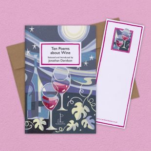 Group image of the Ten Poems about Wine poetry pamphlet on a decorative background