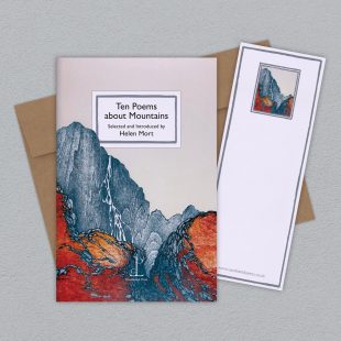 Group image of the Ten Poems about Mountains poetry pamphlet on a decorative background