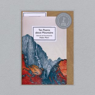 Pack image of the Ten Poems about Mountains poetry pamphlet on a decorative background