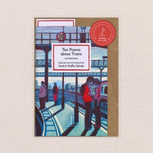 Pack image of the Ten Poems about Trains: OUTBOUND poetry pamphlet on a decorative background