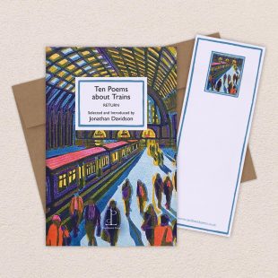 Group image of the Ten Poems about Trains: RETURN poetry pamphlet on a decorative background