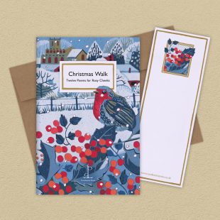 Group image of the Christmas Walk: Twelve Poems for Rosy Cheeks poetry pamphlet on a decorative background