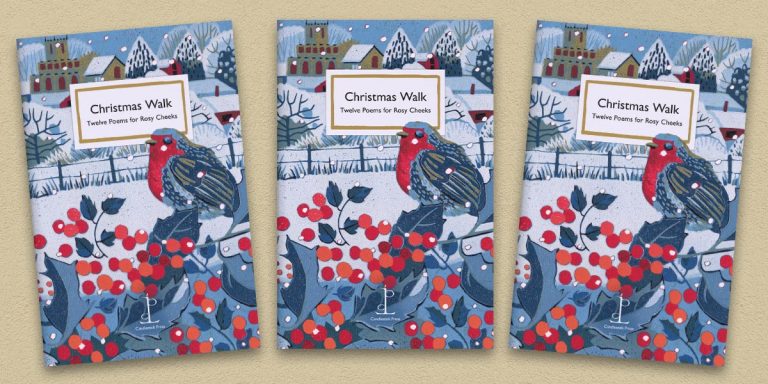 Three front covers of the Christmas Walk: Twelve Poems for Rosy Cheeks poetry pamphlet on a decorative background