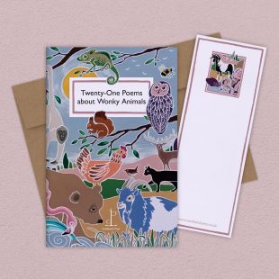 Group image of the Twenty-One Poems about Wonky Animals poetry pamphlet on a decorative background