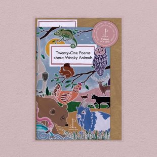 Pack image of the Twenty-One Poems about Wonky Animals poetry pamphlet on a decorative background