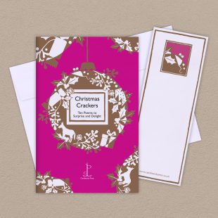 Group image of the Christmas Crackers: Ten Poems to Surprise and Delight poetry pamphlet on a decorative background