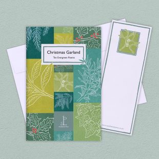 Group image of the Christmas Garland: Ten Evergreen Poems poetry pamphlet on a decorative background