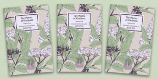 Three front covers of the Ten Poems of Kindness: Volume One poetry pamphlet on a decorative background