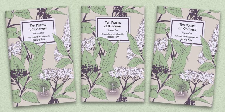 Three front covers of the Ten Poems of Kindness: Volume One poetry pamphlet on a decorative background