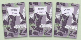 Three front covers of the Ten Poems of Kindness: Volume Two poetry pamphlet on a decorative background