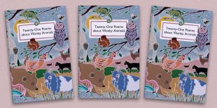 Three front covers of the Twenty-One Poems about Wonky Animals poetry pamphlet on a decorative background