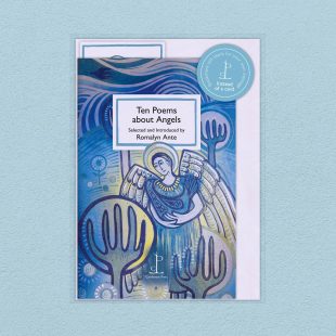 Pack image of the Ten Poems about Angels poetry pamphlet on a decorative background