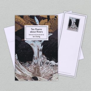 Group image of the Ten Poems about Rivers poetry pamphlet on a decorative background