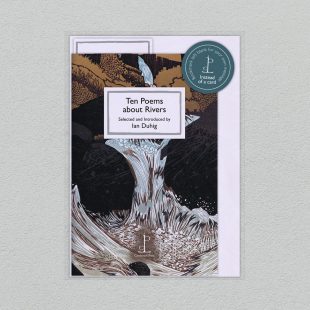 Pack image of the Ten Poems about Rivers poetry pamphlet on a decorative background