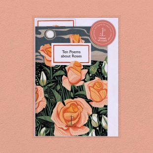 Pack image of the Ten Poems about Roses poetry pamphlet on a decorative background