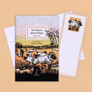 Group image of the Ten Poems about Sheep: Volume Two poetry pamphlet on a decorative background