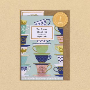 Pack image of the Ten Poems about Tea poetry pamphlet on a decorative background