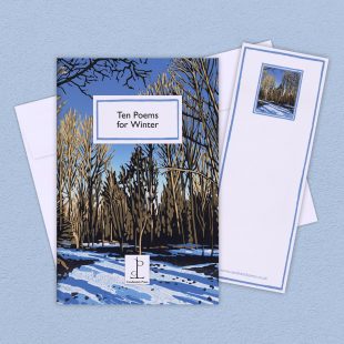 Group image of the Ten Poems for Winter poetry pamphlet on a decorative background