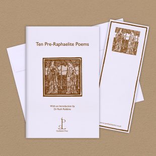 Group image of the Ten Pre-Raphaelite Poems poetry pamphlet on a decorative background