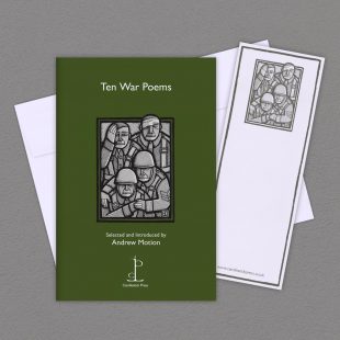Group image of the Ten War Poems poetry pamphlet on a decorative background