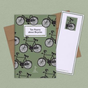 Group image of the Ten Poems about Bicycles poetry pamphlet on a decorative background