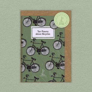 Pack image of the Ten Poems about Bicycles poetry pamphlet on a decorative background