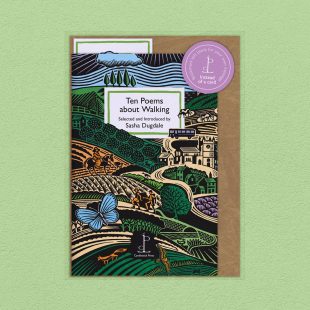 Pack image of the Ten Poems about Walking poetry pamphlet on a decorative background