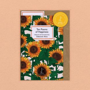 Pack image of the Ten Poems of Happiness poetry pamphlet on a decorative background