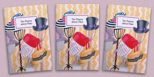 Three front covers of the Ten Poems about Hats poetry pamphlet on a decorative background