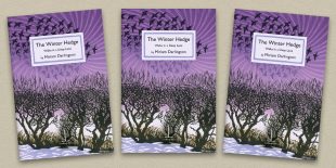 Three front covers of the The Winter Hedge poetry pamphlet on a decorative background