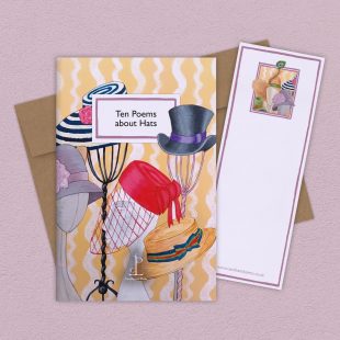 Group image of the Ten Poems about Hats poetry pamphlet on a decorative background
