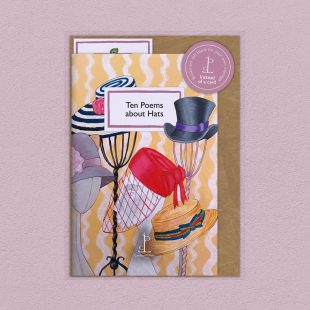 Pack image of the Ten Poems about Hats poetry pamphlet on a decorative background