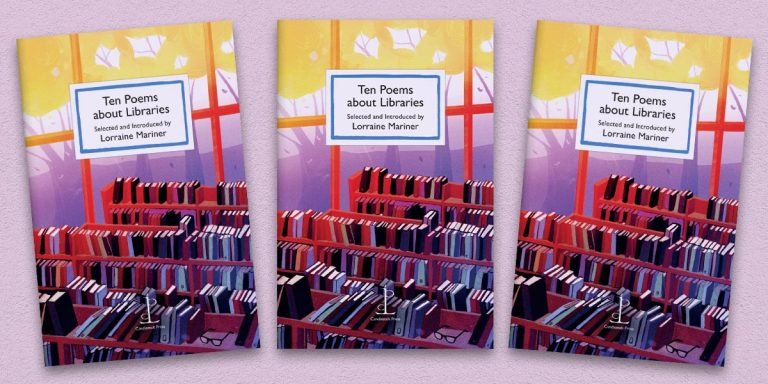 Three front covers of the Ten Poems about Libraries poetry pamphlet on a decorative background
