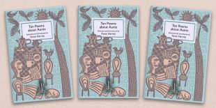 Three front covers of the Ten Poems about Aunts poetry pamphlet on a decorative background