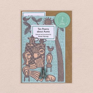 Pack image of the Ten Poems about Aunts poetry pamphlet on a decorative background