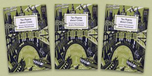 Three front covers of the Ten Poems about Cities poetry pamphlet on a decorative background