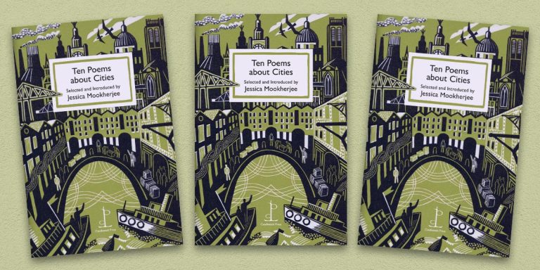 Three front covers of the Ten Poems about Cities poetry pamphlet on a decorative background