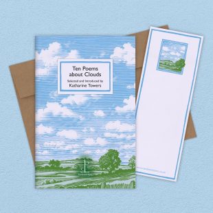 Group image of the Ten Poems about Clouds poetry pamphlet on a decorative background