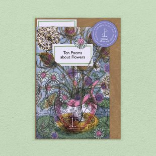 Pack image of the Ten Poems about Flowers poetry pamphlet on a decorative background