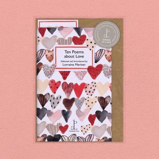 Pack image of the Ten Poems about Love poetry pamphlet on a decorative background