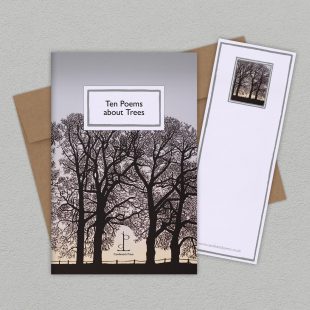 Group image of the Ten Poems about Trees poetry pamphlet on a decorative background