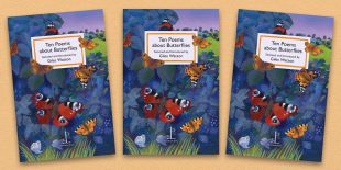 Three front covers of the Ten Poems about Butterflies poetry pamphlet on a decorative background